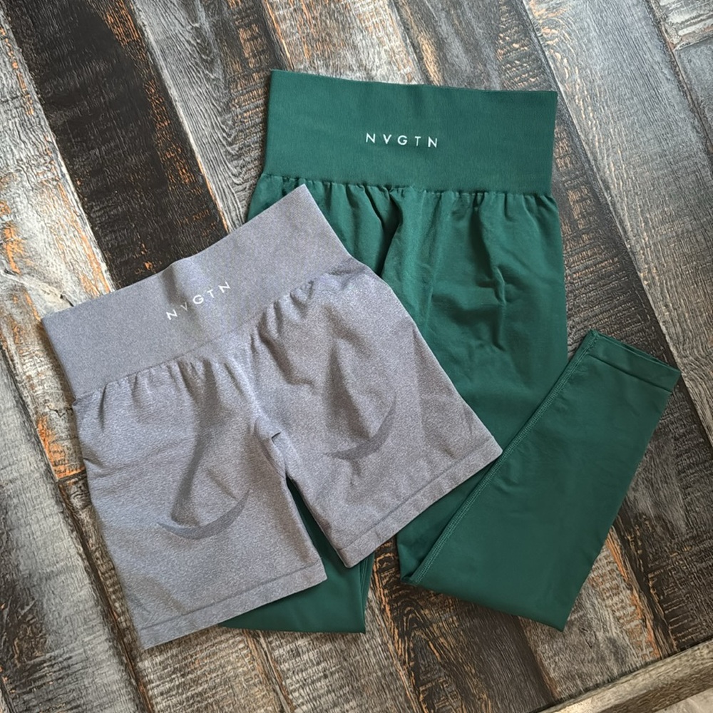 NVGTN small green leggings and gray biker shorts